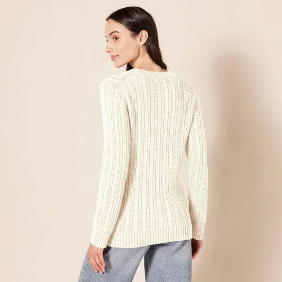 Elegant Cream Long-Sleeve Women's Cotton Cable Knit Sweater - Regular Fit